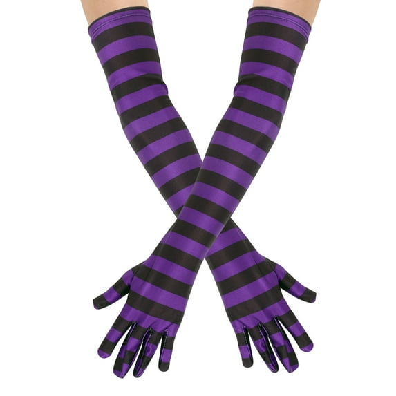 HDE Satin Cosplay 21.5" Elbow Length Halloween Costume Gloves Black and Purple Stripes
