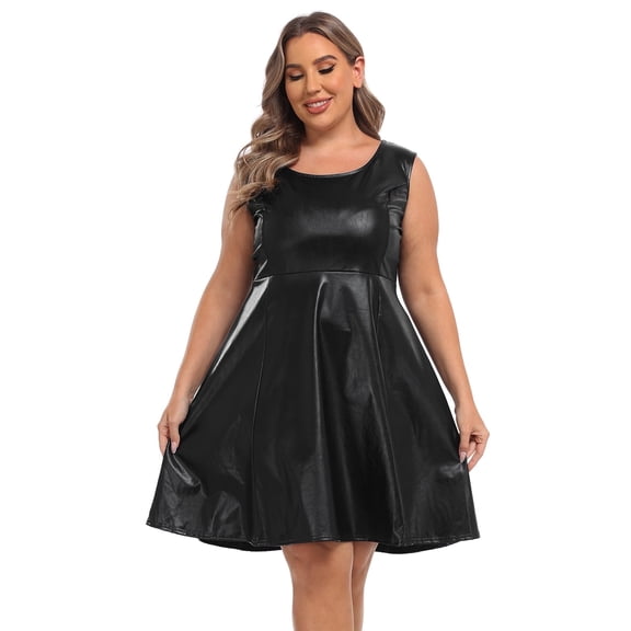 HDE Shiny Metallic Alien Costume Dress Futuristic Sleeveless Space Skater Dress Black - 4X