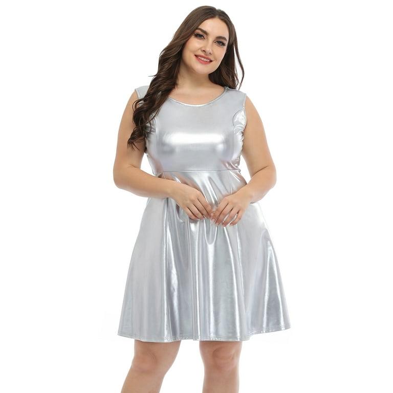 HDE Shiny Metallic Alien Costume Dress Futuristic Sleeveless Space Skater  Dress Silver 1X