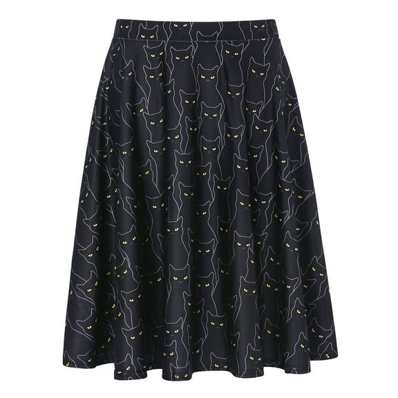 HDE Skirts for Women Midi Skirt Skater Skirt Knee Length High Waist Fun Prints Black Cats L