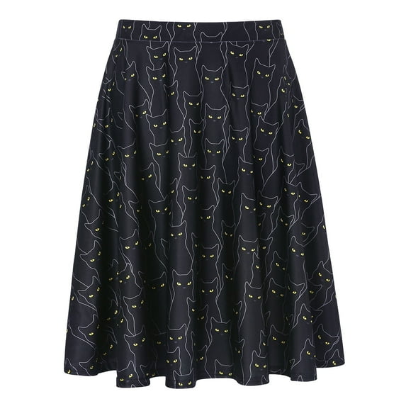 HDE Skirts for Women Midi Skirt Skater Skirt Knee Length High Waist Fun Prints Black Cats S