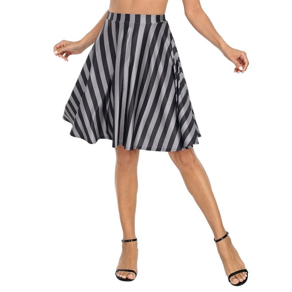 HDE Skirts for Women Midi Skirt Skater Skirt Knee Length High Waist Fun Prints Black and Gray Vertical Stripes L