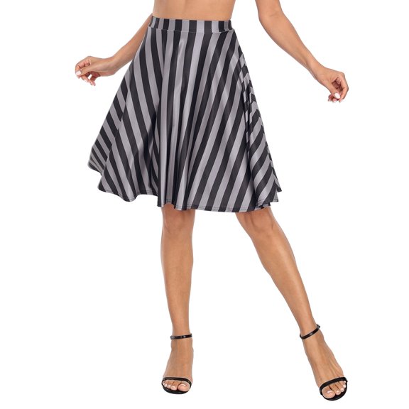 HDE Skirts for Women Midi Skirt Skater Skirt Knee Length High Waist Fun Prints Black and Gray Vertical Stripes M