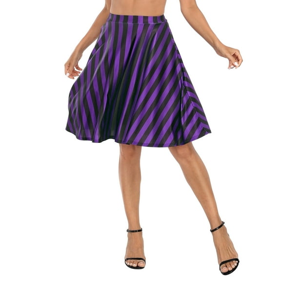 HDE Skirts for Women Midi Skirt Skater Skirt Knee Length High Waist Fun Prints Black and Purple Vertical Stripes L