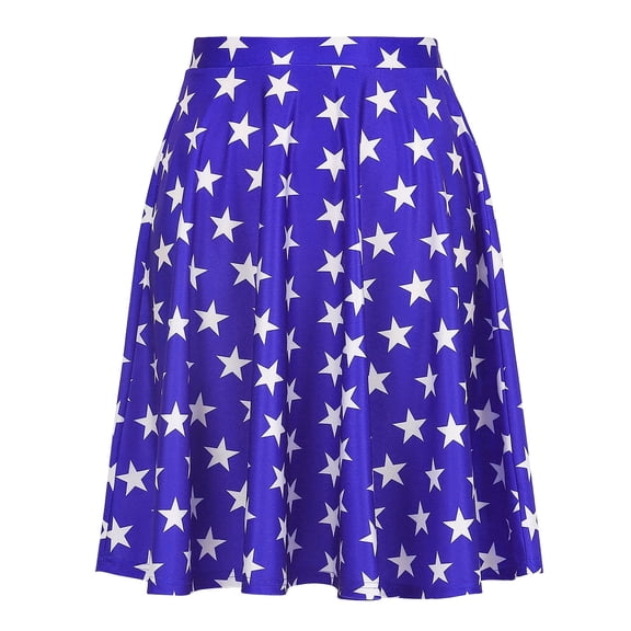 HDE Skirts for Women - Midi Skirt Skater Skirt Knee Length High Waist Fun Prints Blue & White Stars L