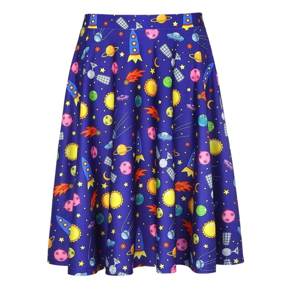 HDE Skirts for Women Midi Skirt Skater Skirt Knee Length High Waist Fun Prints Magic Outer Space L