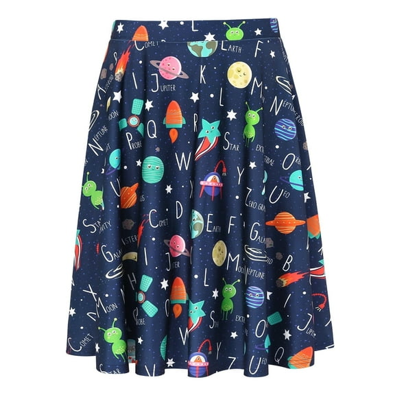 HDE Skirts for Women Midi Skirt Skater Skirt Knee Length High Waist Fun Prints Space Alphabet XXL