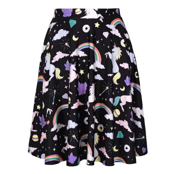 HDE Skirts for Women - Midi Skirt Skater Skirt Knee Length High Waist Fun Prints Unicorn and Rainbows L