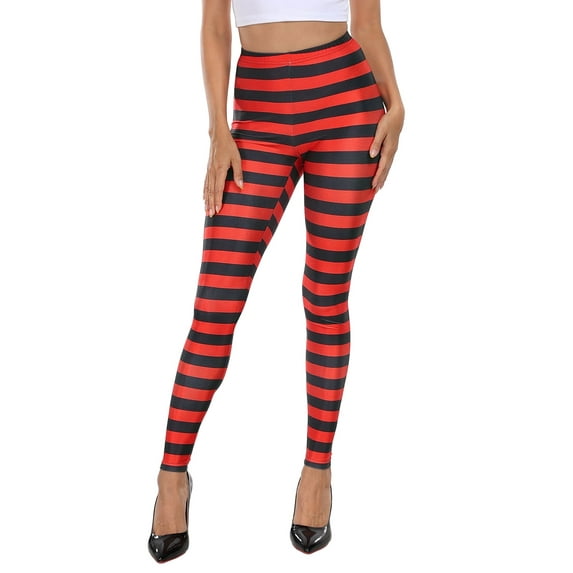 HDE Trendy Design Workout Leggings Fun Fashion Graphic Printed Cute Patterns Black and Red Horizontal Stripes - XXL