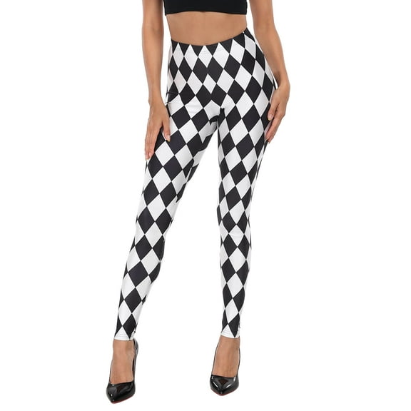 HDE Trendy Design Workout Leggings Fun Fashion Graphic Printed Cute Patterns Black and White Diamonds - XXL