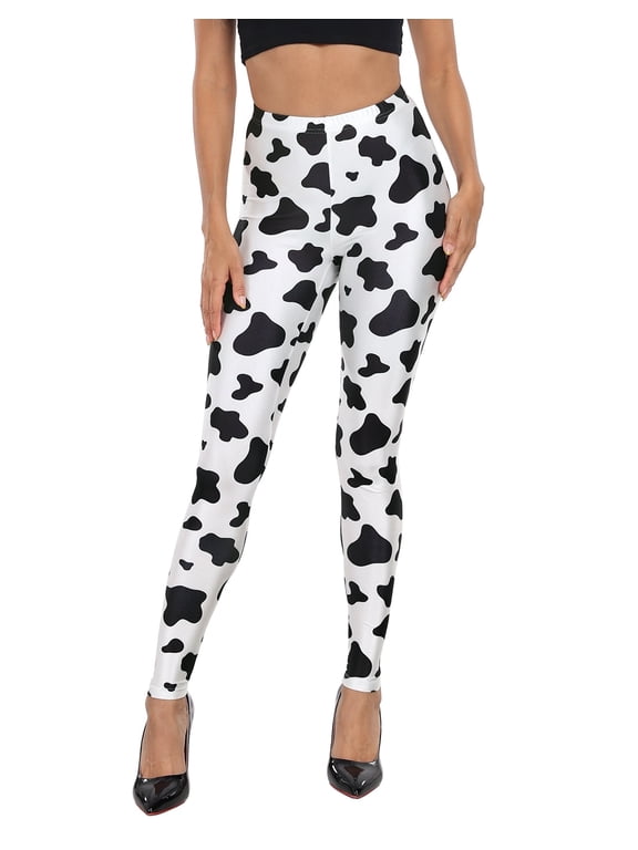 Trendy Design Workout Leggings Fun Fashion Graphic Printed Cute Patterns Cow Spots - M