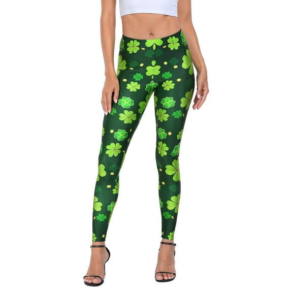 HDE Trendy Design Workout Leggings Fun Fashion Graphic Printed Cute Patterns Green 4 Leaf Clovers S