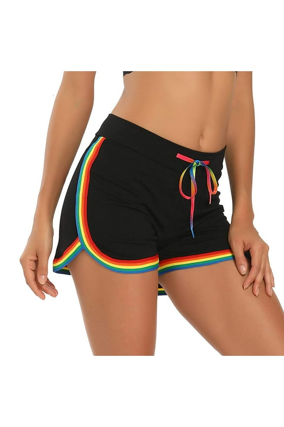 Women Dolphin Shorts Running Workout Clothes Black Rainbow Stripe Large