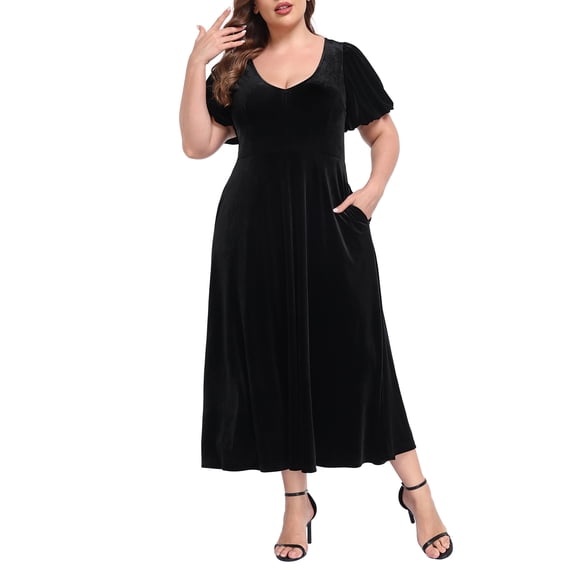 HDE Women Plus Size Velvet Midi Dress V Neck Puff Sleeve Dresses w/ Pockets