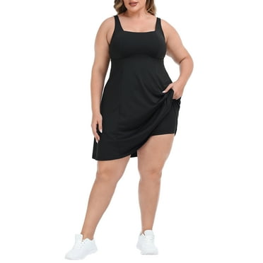 HDE Women Plus Size Workout Dress Built in Shorts & Bra Athletic Dress Black 16