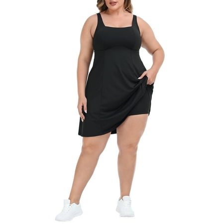 HDE Women Plus Size Workout Dress Built in Shorts & Bra Athletic Dress Black 16