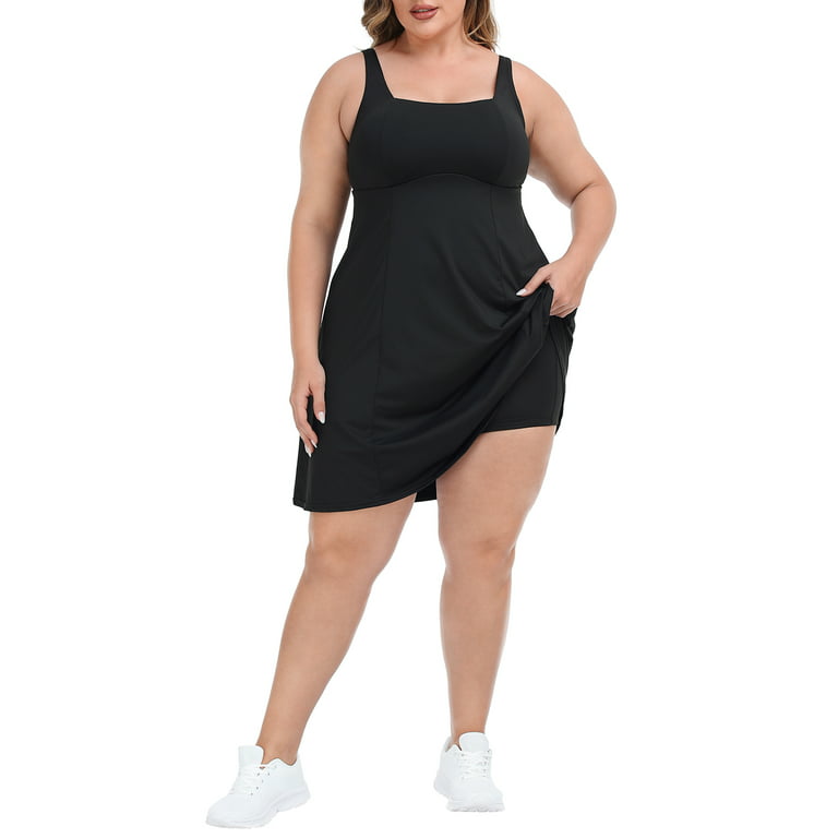 HDE Women Plus Size Workout Dress Built in Shorts & Bra Athletic Dress Black  16 