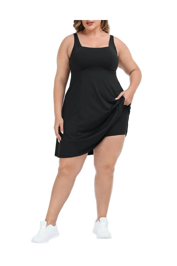 Women Plus Size Workout Dress Built in Shorts & Bra Athletic Dress Black 16