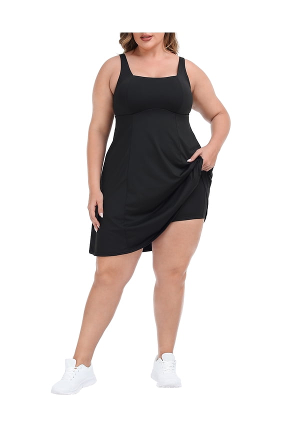 Women Plus Size Workout Dress Built in Shorts & Bra Athletic Dress Black 20