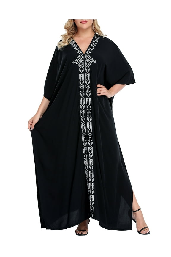 Women UPF 30+ Kaftan Dress Oversize V Neck Long Plus Size Maxi Swim Cover Up