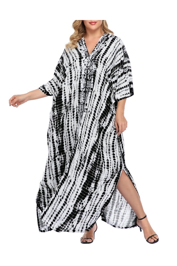 Women UPF 30+ Kaftan Dress Oversize V Neck Long Plus Size Maxi Swim Cover Up