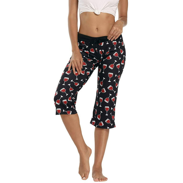 HDE Women's Capri Pajama Pants Sleepwear Sleep Pants 1X Plus Wine Glasses 