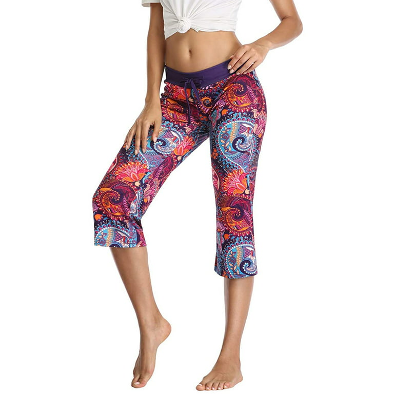 HDE Women's Capri Pajama Pants Sleepwear Sleep Pants Medium Purple Paisley  