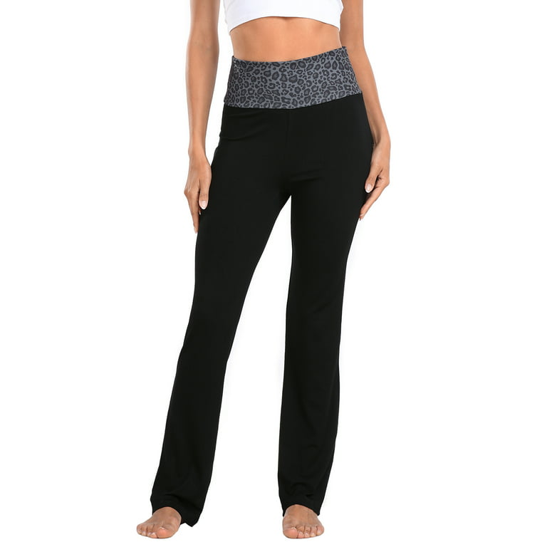 HDE Women's Color Block Fold Over Waist Yoga Pants Flare Leg Workout  Leggings Black Leopard / Black 2X
