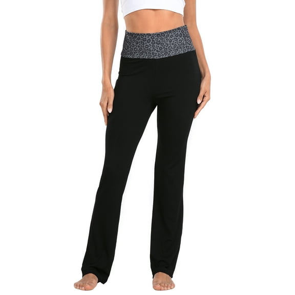 HDE Women's Color Block Fold Over Waist Yoga Pants Flare Leg Workout Leggings Black Leopard / Black 4X