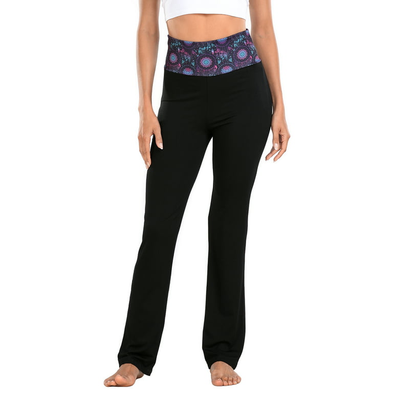 HDE Women's Color Block Fold Over Waist Yoga Pants Flare Leg Workout  Leggings Dreamcatcher / Black 3X