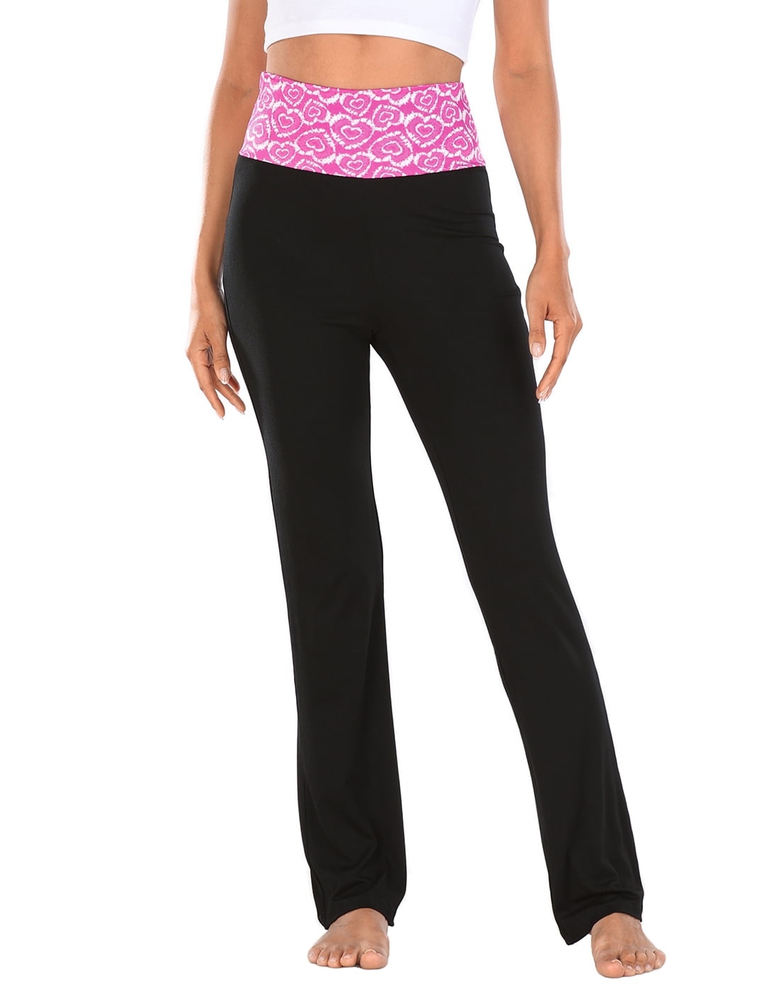 HDE Women's Color Block Fold Over Waist Yoga Pants Flare Leg Workout  Leggings Pink Heart Tie Dye / Black 4X 