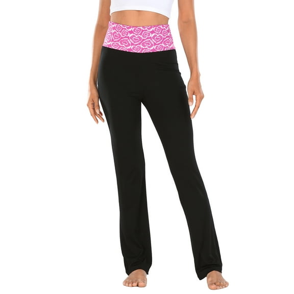 HDE Women's Color Block Fold Over Waist Yoga Pants Flare Leg Workout Leggings Pink Heart Tie Dye / Black XL