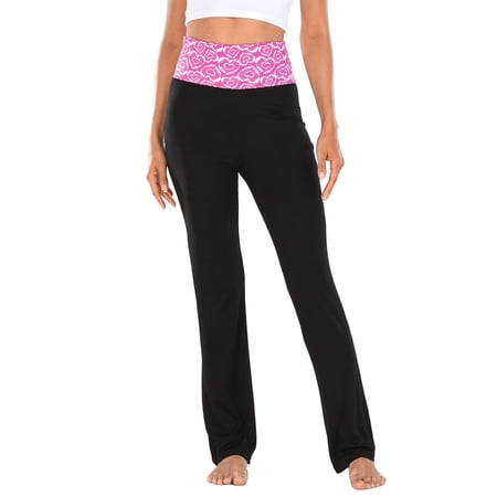HDE Women's Color Block Fold Over Waist Yoga Pants Flare Leg Workout Leggings Pink Heart Tie Dye / Black XL