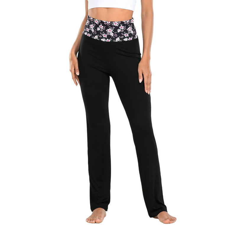 HDE Women's Color Block Fold Over Waist Yoga Pants Flare Leg Workout  Leggings Pink Hibiscus Floral / Black 2X 