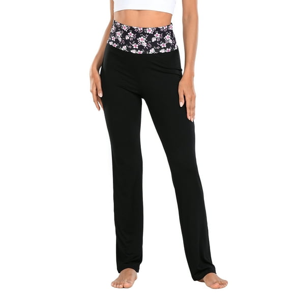 HDE Women's Color Block Fold Over Waist Yoga Pants Flare Leg Workout Leggings Pink Hibiscus Floral / Black 4X