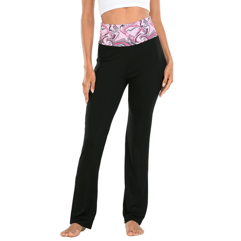 HDE Women's Color Block Fold Over Waist Yoga Pants Flare Leg Workout  Leggings Pink Marble / Black 2X