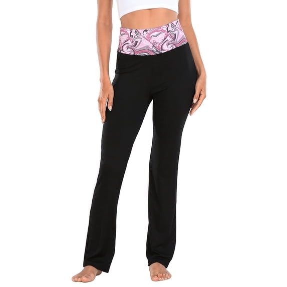 HDE Women's Color Block Fold Over Waist Yoga Pants Flare Leg Workout Leggings Pink Marble / Black 3X