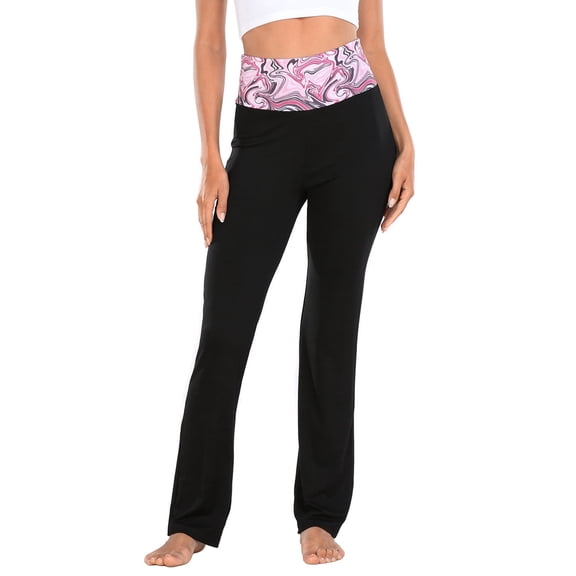 HDE Women's Color Block Fold Over Waist Yoga Pants Flare Leg Workout Leggings Pink Marble / Black 4X