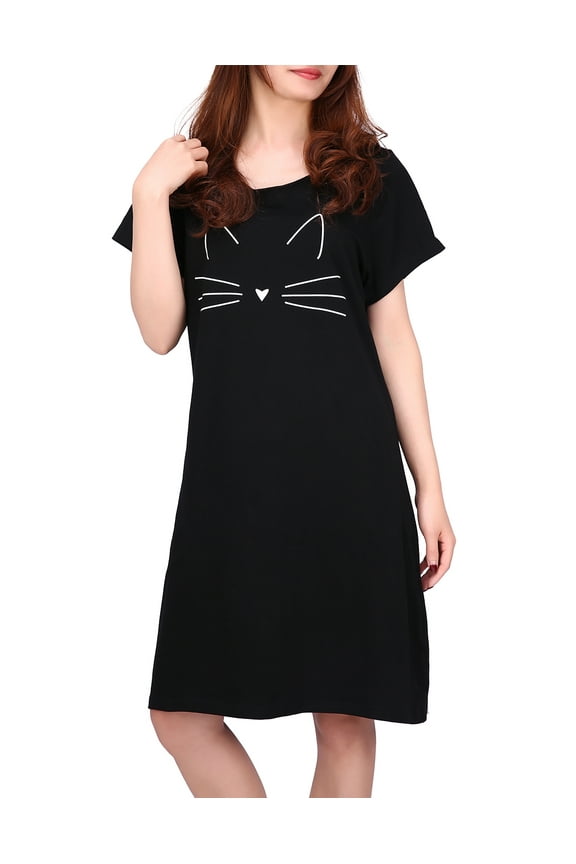 Women's Cotton Nightgowns Short Sleeve Sleep Dress Black Cat 2X-3X