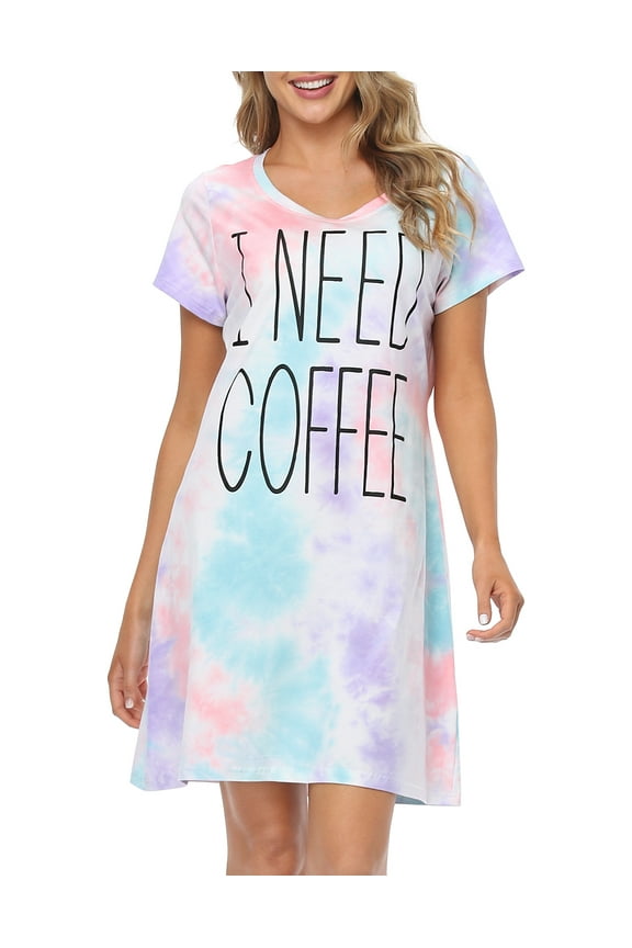 Women's Cotton Nightgowns Short Sleeve Sleep Dress Coffee Tie Dye Large-X-Large