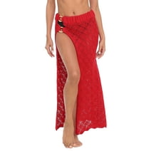 HDE Women's Crochet Cotton Knit Maxi Skirt Beach Swim Cover Up Red XL