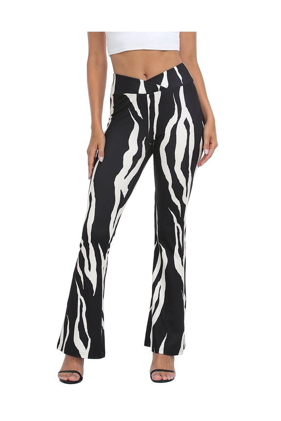 Women's Crossover Flare Pants Ribbed High Waist Bell Bottom Abstract Zebra S