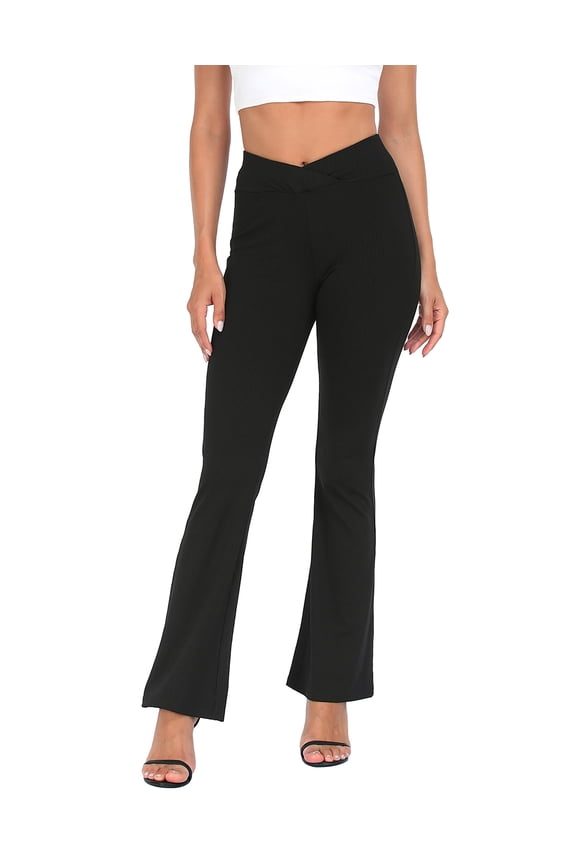 Women's Crossover Flare Pants Ribbed High Waist Bell Bottom Black L