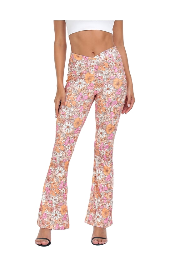 Women's Crossover Flare Pants Ribbed High Waist Bell Bottom Flower Bloom XL