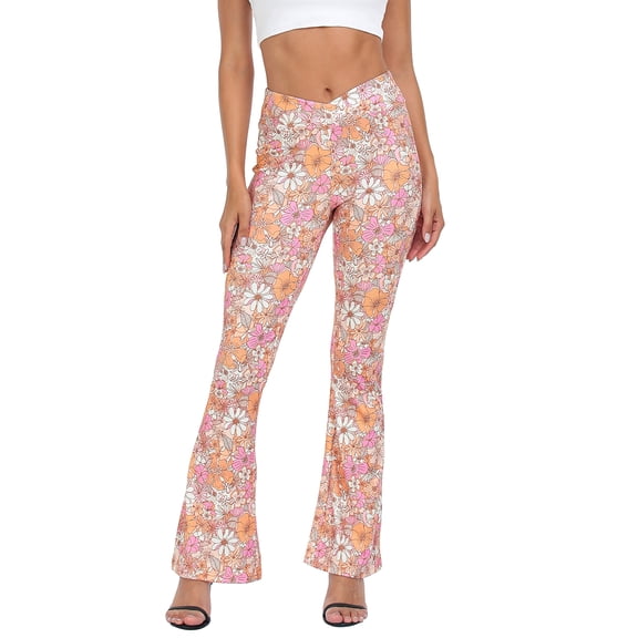 HDE Women's Crossover Flare Pants Ribbed High Waist Bell Bottom Flower Bloom XXL