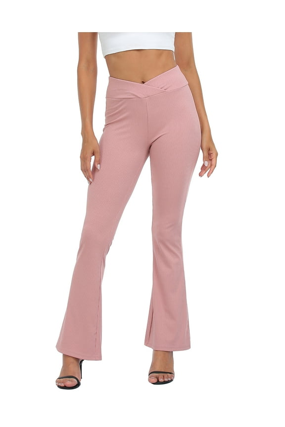 Women's Crossover Flare Pants Ribbed High Waist Bell Bottom Pink S