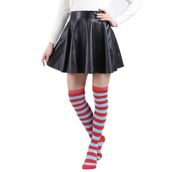 HDE Women's Extra Long Striped Socks Over Knee High Opaque Stockings (Red Blue Stripes)