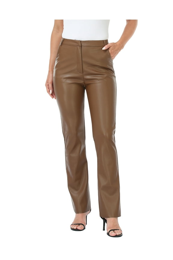 Women's Faux Leather Pants High Waisted Trousers with Pockets Brown L