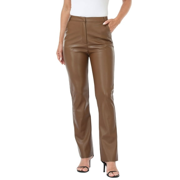 HDE Women's Faux Leather Pants High Waisted Trousers with Pockets Brown S