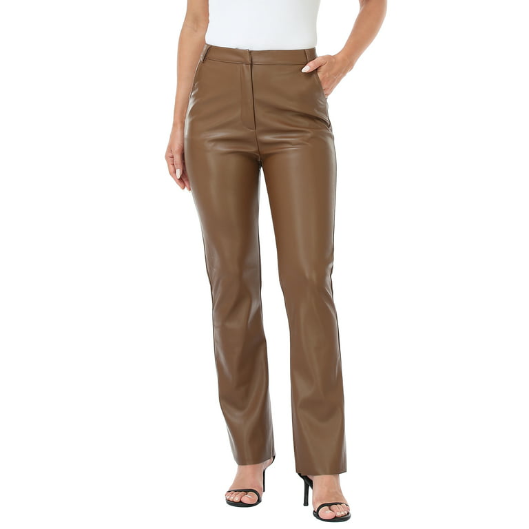 HDE Women's Faux Leather Pants High Waisted Trousers with Pockets Brown XL